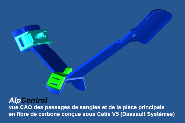 Vue CAO des passages de sangle et de la piece principale
		  en fibre de carbone concue sous Catia v5 (Dassault Systemes)